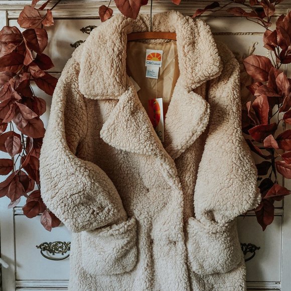 Faux Fur Sherpa Teddy Collared Pea Coat 